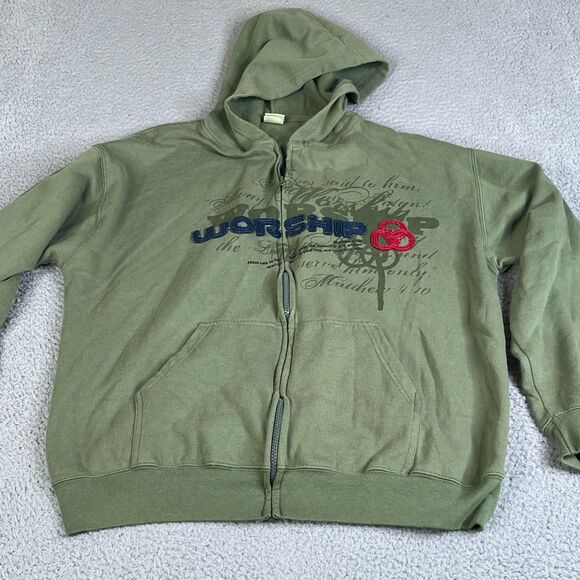 Worship Sweatshirt Jesus Mens XL Green Full Zip Sweater Mathew 4:10 Double Sided - Picture 2 of 12